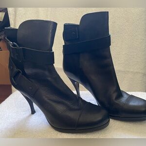 Balenciaga Black Leather Stiletto Ankle Boots with straps and buckles. Size 37.5